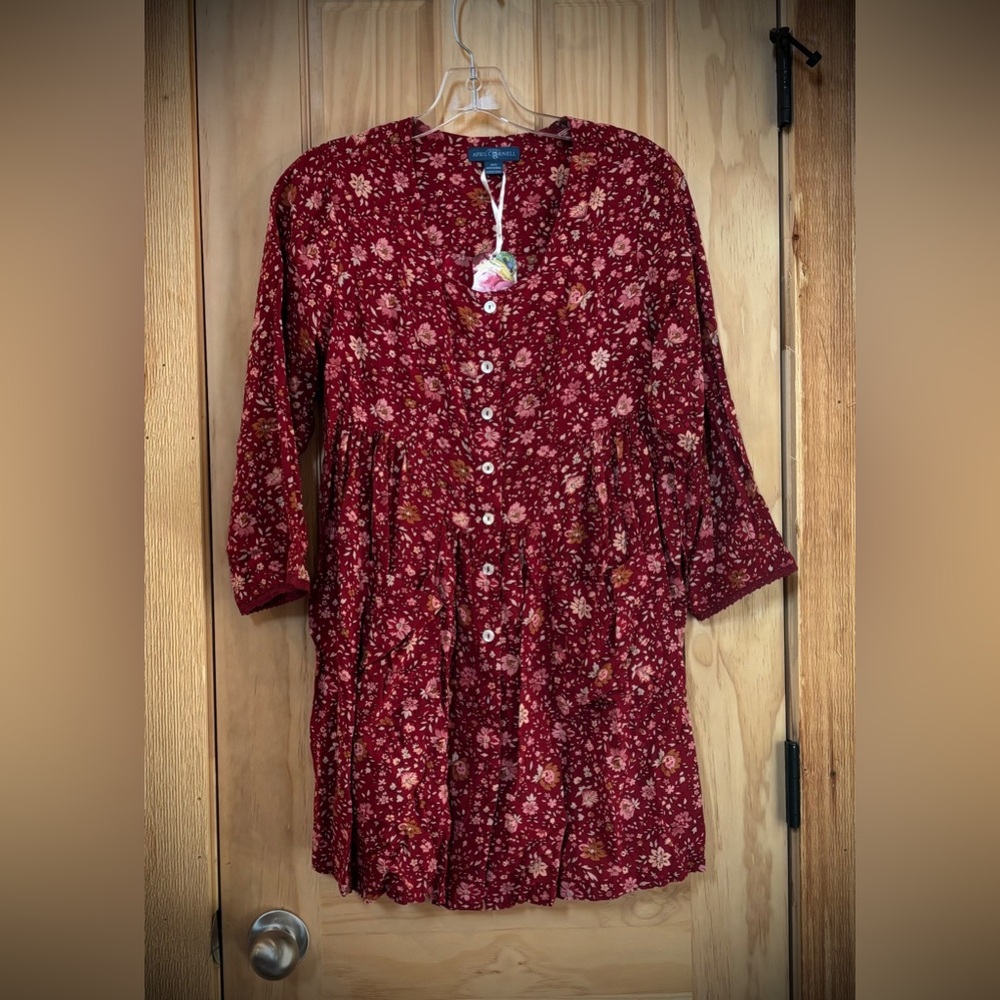 🆕 April Cornell | Avonlea Cranberry Tunic Floral Button-Down Mini Dress XXS